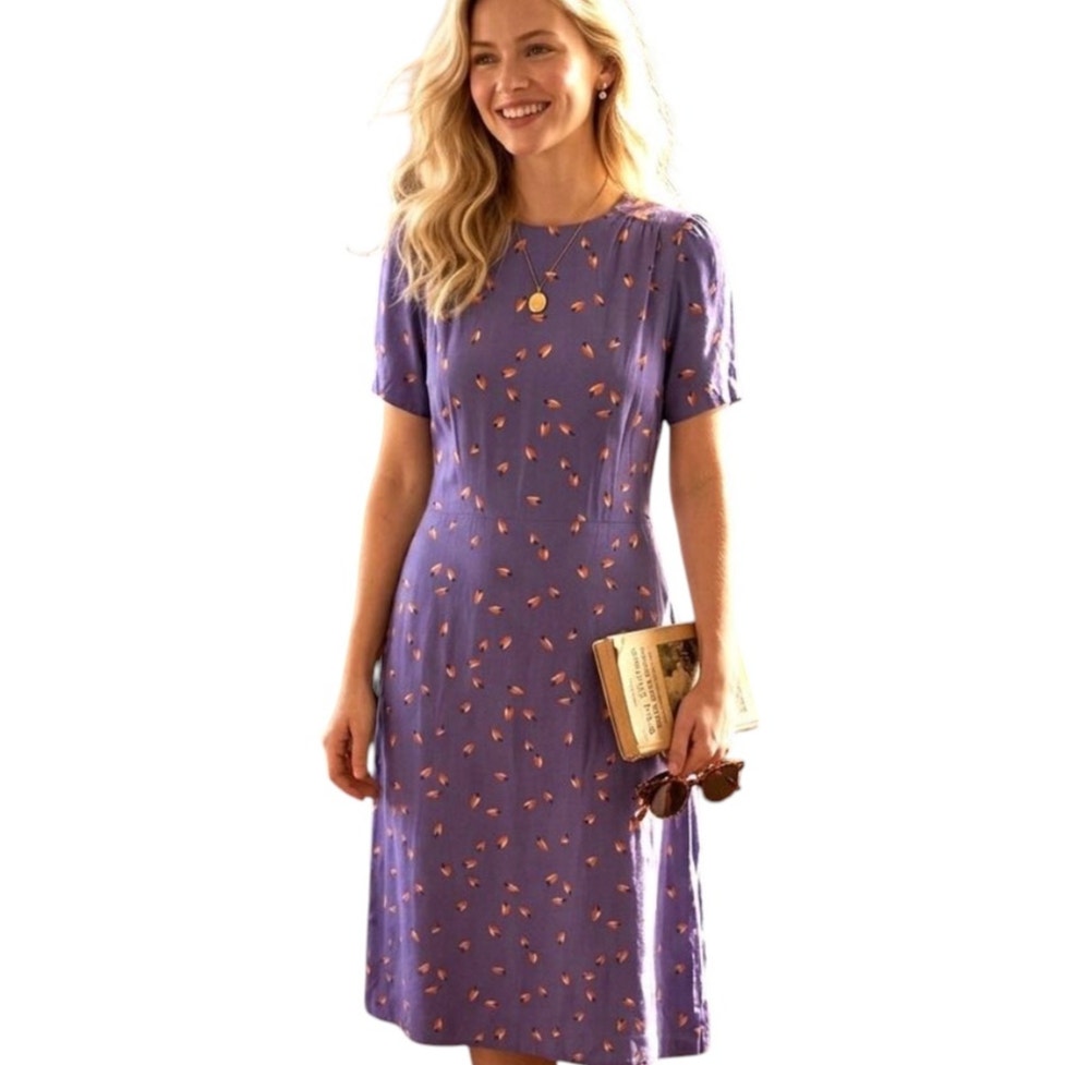 Vintage Floral Midi Dress By Popi Womens Medium Purple Scattered Leaf Print Vtg